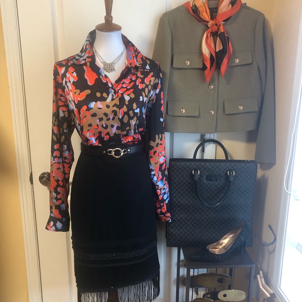 Ann Taylor Black layered Fringe Pencil Skirt